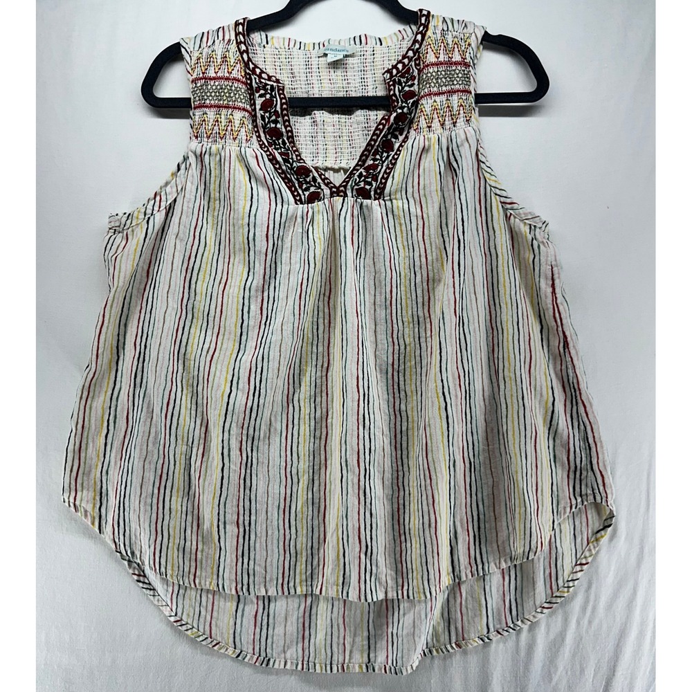 Sundance Womens Medium Cotton Embroidered Smocked Stripe Sleeveless Boho Top